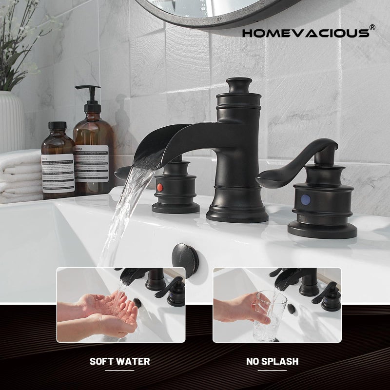 Homevacious 8 inch Widespread Bathroom Faucet 3 Hole 2 Handle Black Farmhouse Waterfall Bathroom Sink Faucet with Pop Up Drain Sink Vanity Basin Mixer Tap with Overflow Lavatory Supply Line by Homevacious - Image 5